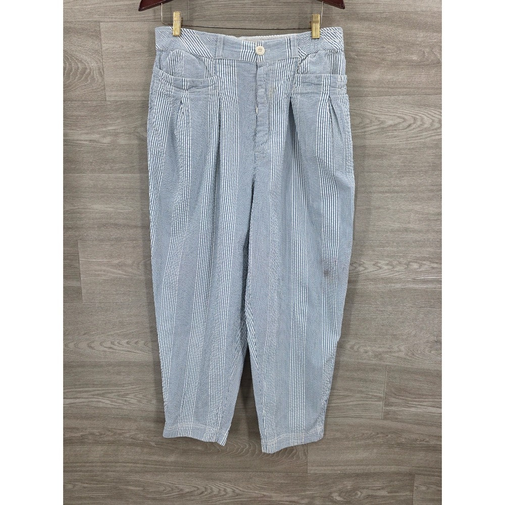Free People Pants Womens XL Blue White Striped Pleated Seersucker Tapered Leg